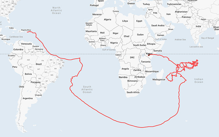 Mapa de la ruta de vuelo de un globo Loon