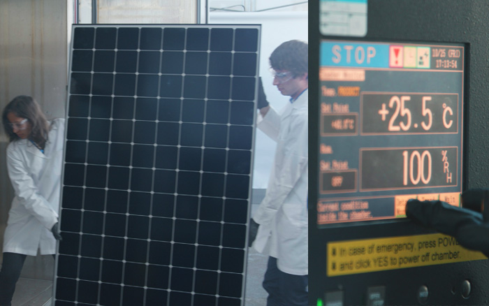 Los técnicos de SunPower cargan un panel Maxeon en una cámara de pruebas de laboratorio