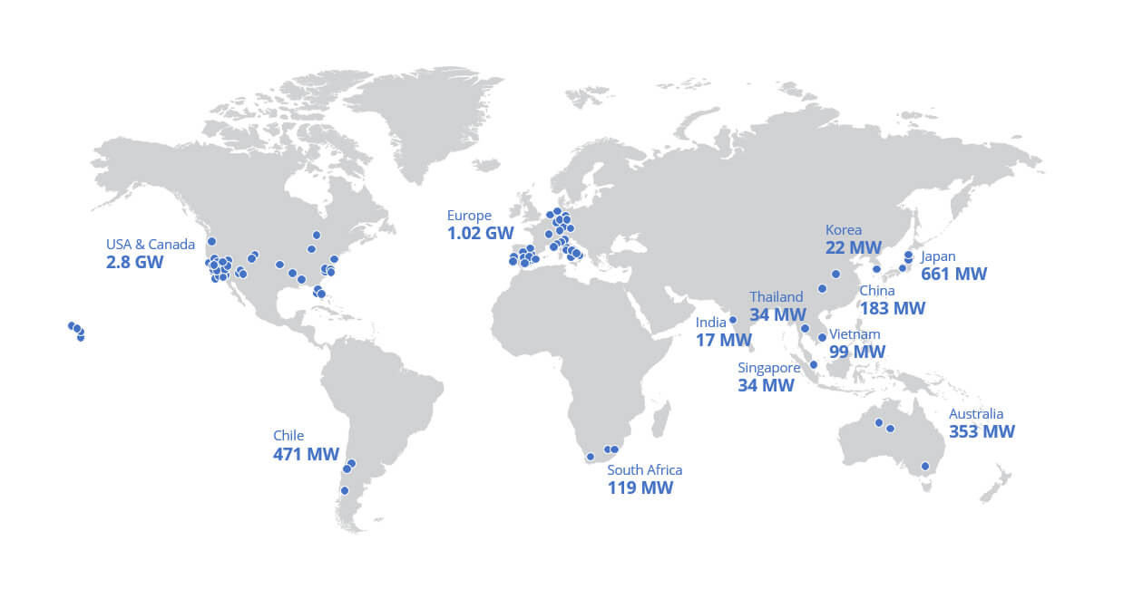 Mapa de la huella global de centrales solares